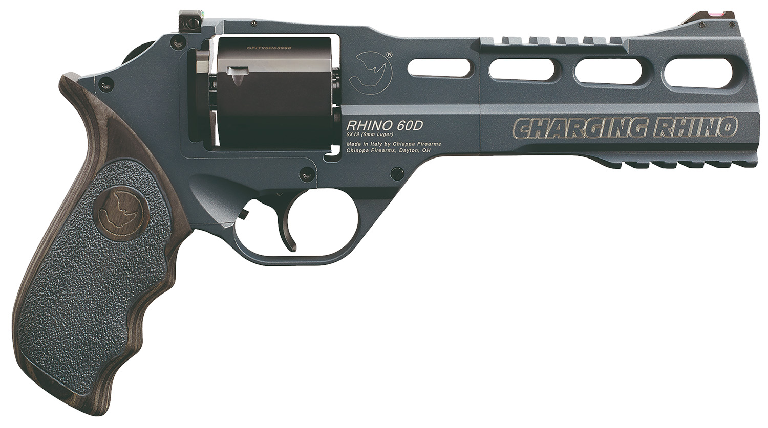 Chiappa Firearms 340314 Rhino 60DS Gen II 9mm Luger 6 Shot 6″ Slate Cerakote Steel Black Barrel & Cylinder, Slate Cerakote Aluminum Frame, Black/Gray Finger Grooved Laminate Grip, Exposed Hammer
