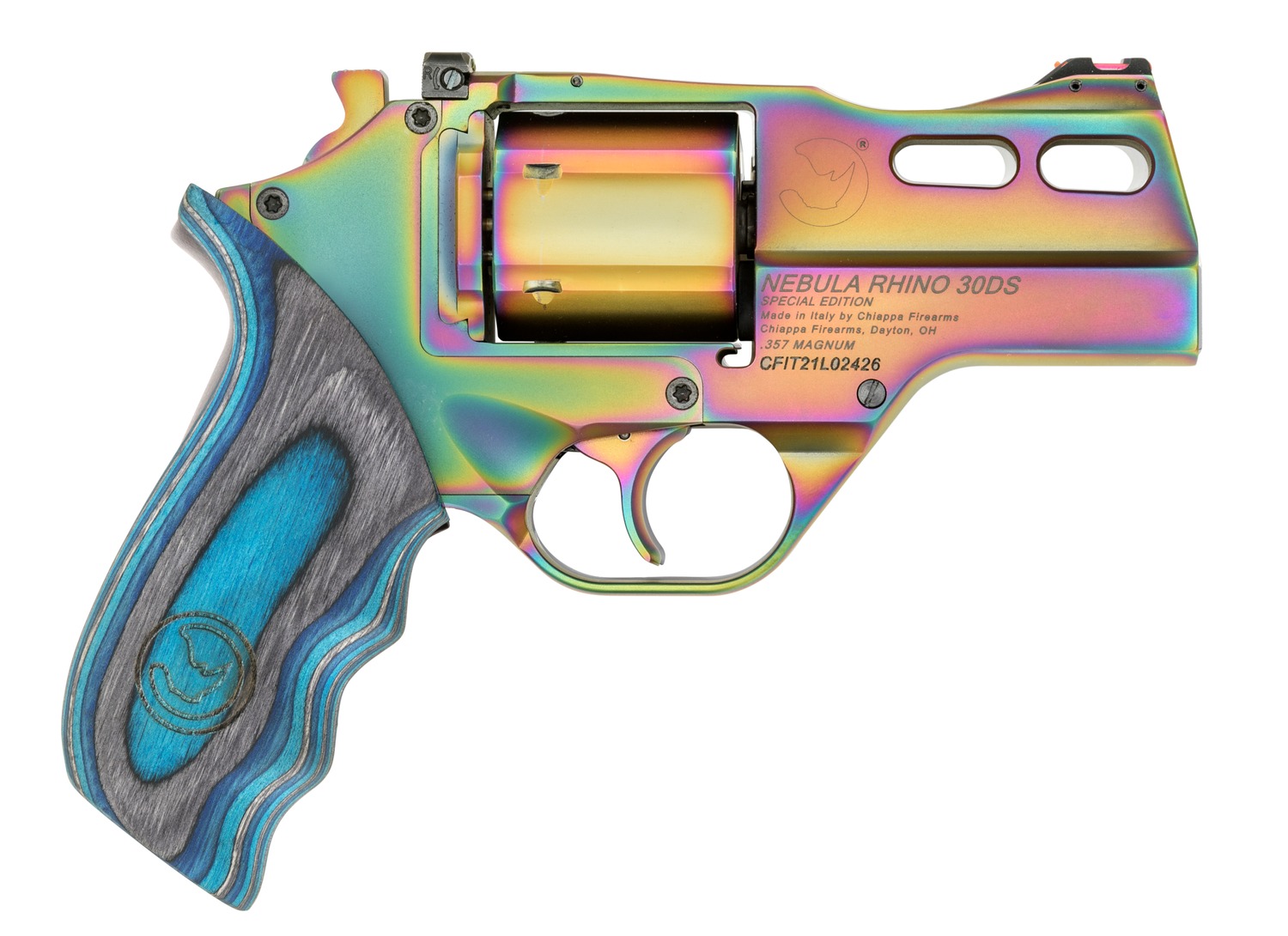Chiappa Firearms 340354 Rhino 30DS 357 Mag 6 Shot 3″ Nebula PVD Steel Barrel & Cylinder, Nebula PVD Alloy Frame, Blue Laminate Grip