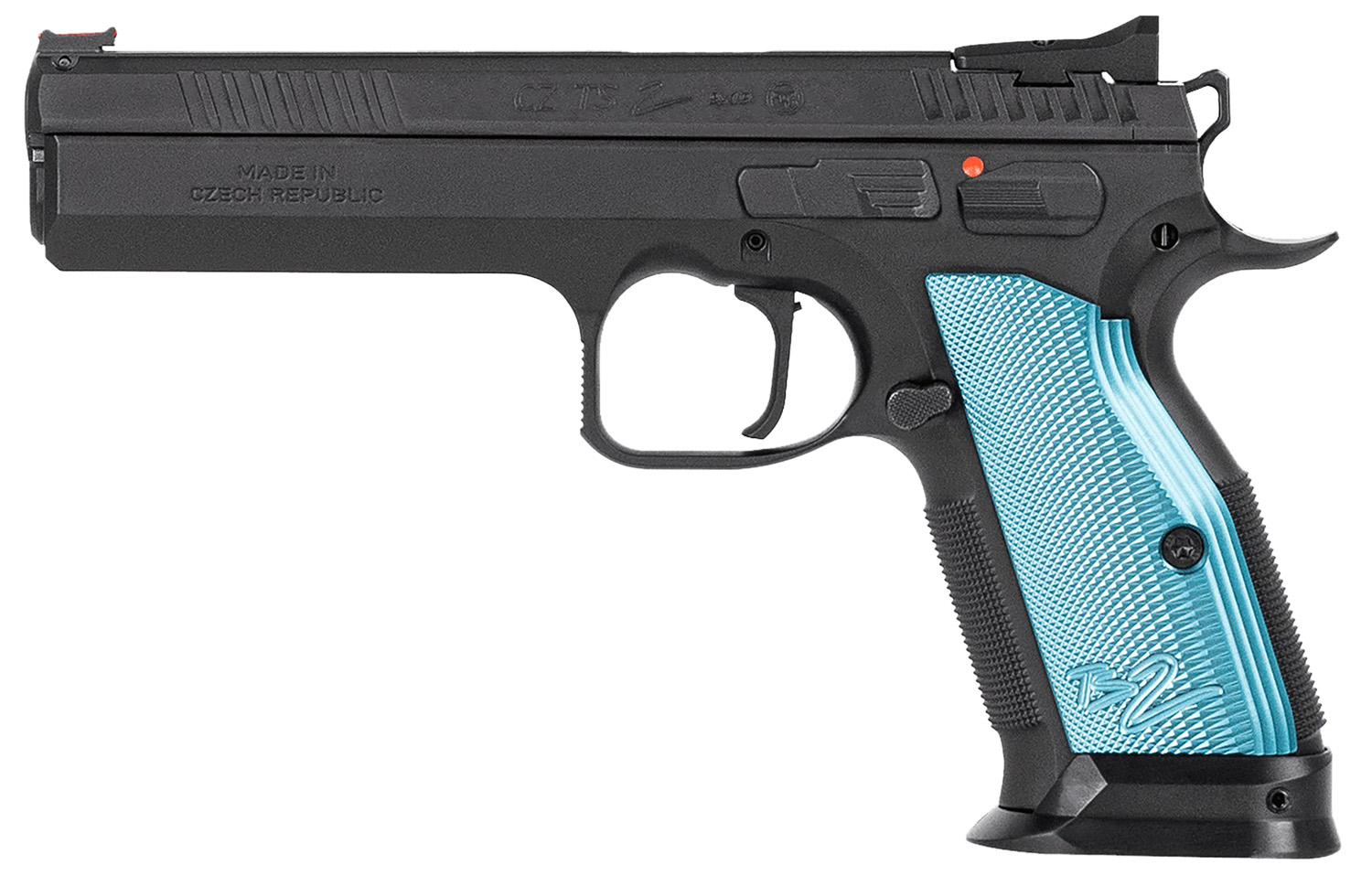 CZ-USA 01220 TS 2 9mm Luger 10+1 5.28″ Black Steel Barrel, Black Nitride Serrated Slide, Black Steel Frame w/Beavertail, Blue Textured Aluminum Grip