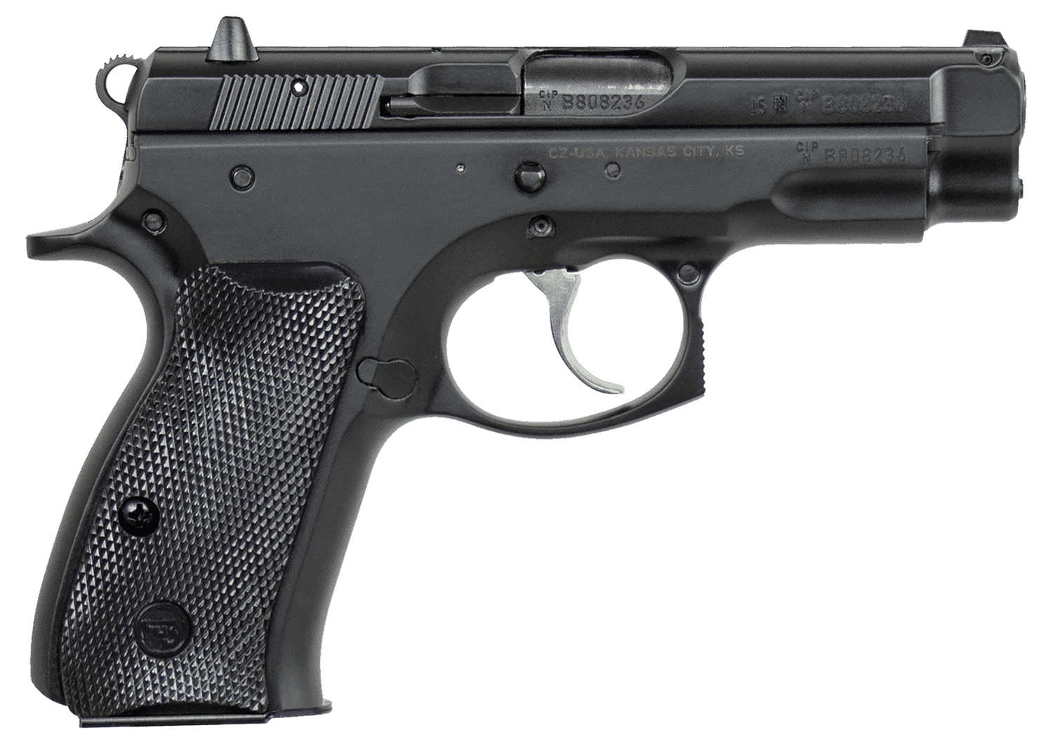 CZ-USA 91190 75  Compact 9mm Luger 15+1 3.75″ Black Steel Barrel & Serrated Slide, Black Polycoat Steel Frame w/Beavertail, Black Plastic Grip, Right Hand