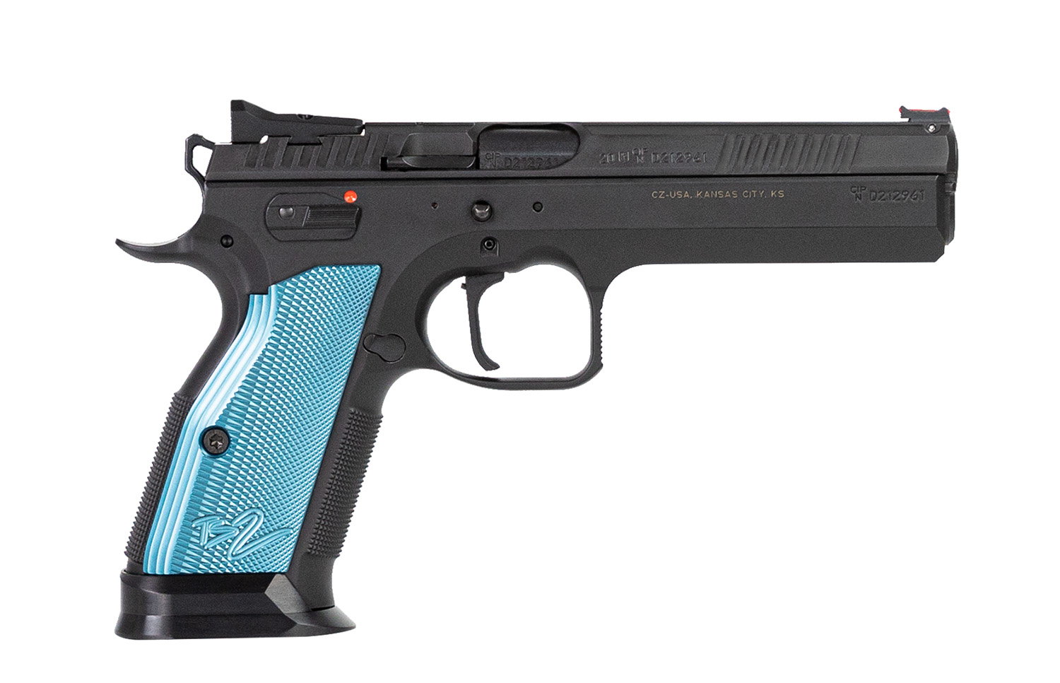 CZ-USA 91220 TS 2 9mm Luger 20+1 5.28″ Blued Steel Barrel, Black Serrated Steel Slide, Black Polycoat Steel Frame w/Beavertail, Blue Checkered Aluminum Grip, Ambidextrous