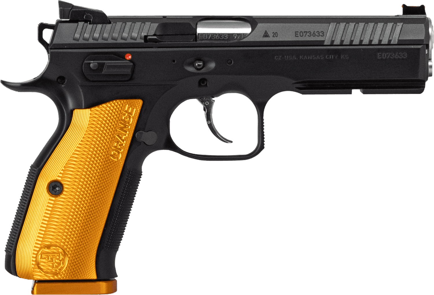 CZ-USA 91248 Shadow 2 9mm Luger 17+1 4.89″ Stainless Steel Barrel, Black Nitride Optic Cut/Serrated Slide, Black Steel Frame w/Beavertail & Picatinny Rail, Orange Checkered Aluminum Grip