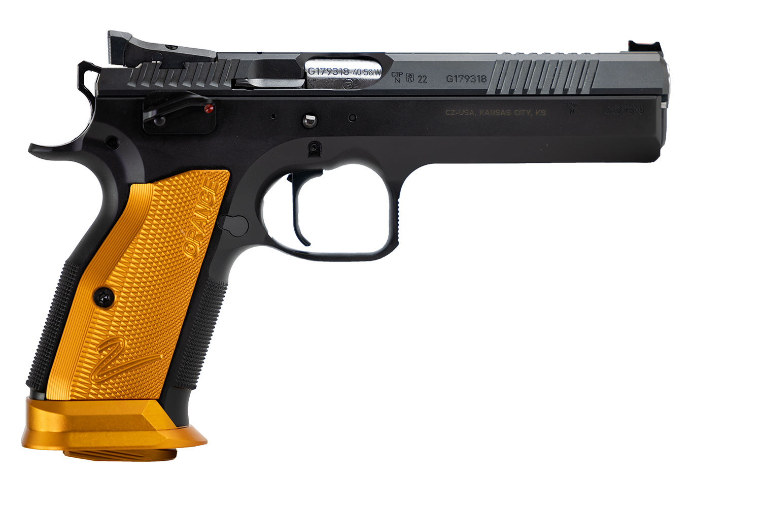 CZ-USA 91265 TS2 40 S&W 17+1 5.20″ Black Bull Barrel, Black Slide, Black Polycoat Frame, Orange Checkered Aluminum Grip