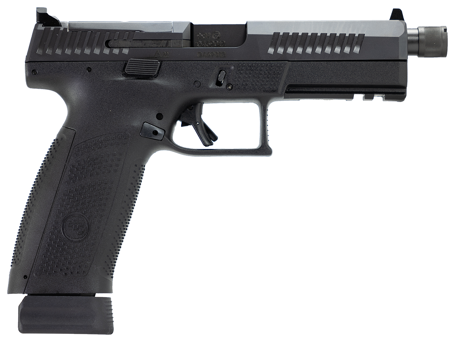 CZ-USA 91556 P-10 F 9mm Luger 21+1 5.10″ Black Threaded Barrel, Black Nitride Steel Optic Ready/Serrated Slide, Black Polymer Frame w/Picatinny Rail, Interchangeable Backstrap Grip, Ambidextrous