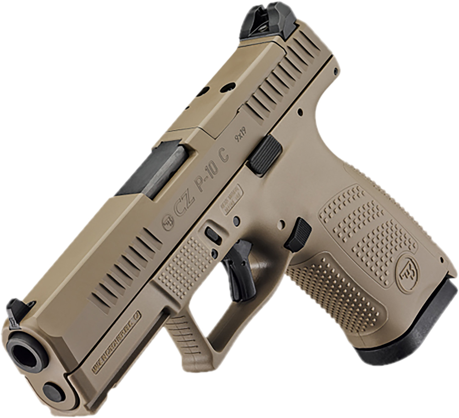 CZ-USA 91577 P-10 C  Compact Frame 9mm Luger 15+1 4.02″ Black Stainless Steel Barrel, Black Nitride Serrated Steel Slide, Flat Dark Earth Polymer Frame w/Picatinny Rail, Interchangeable Backstrap Grip