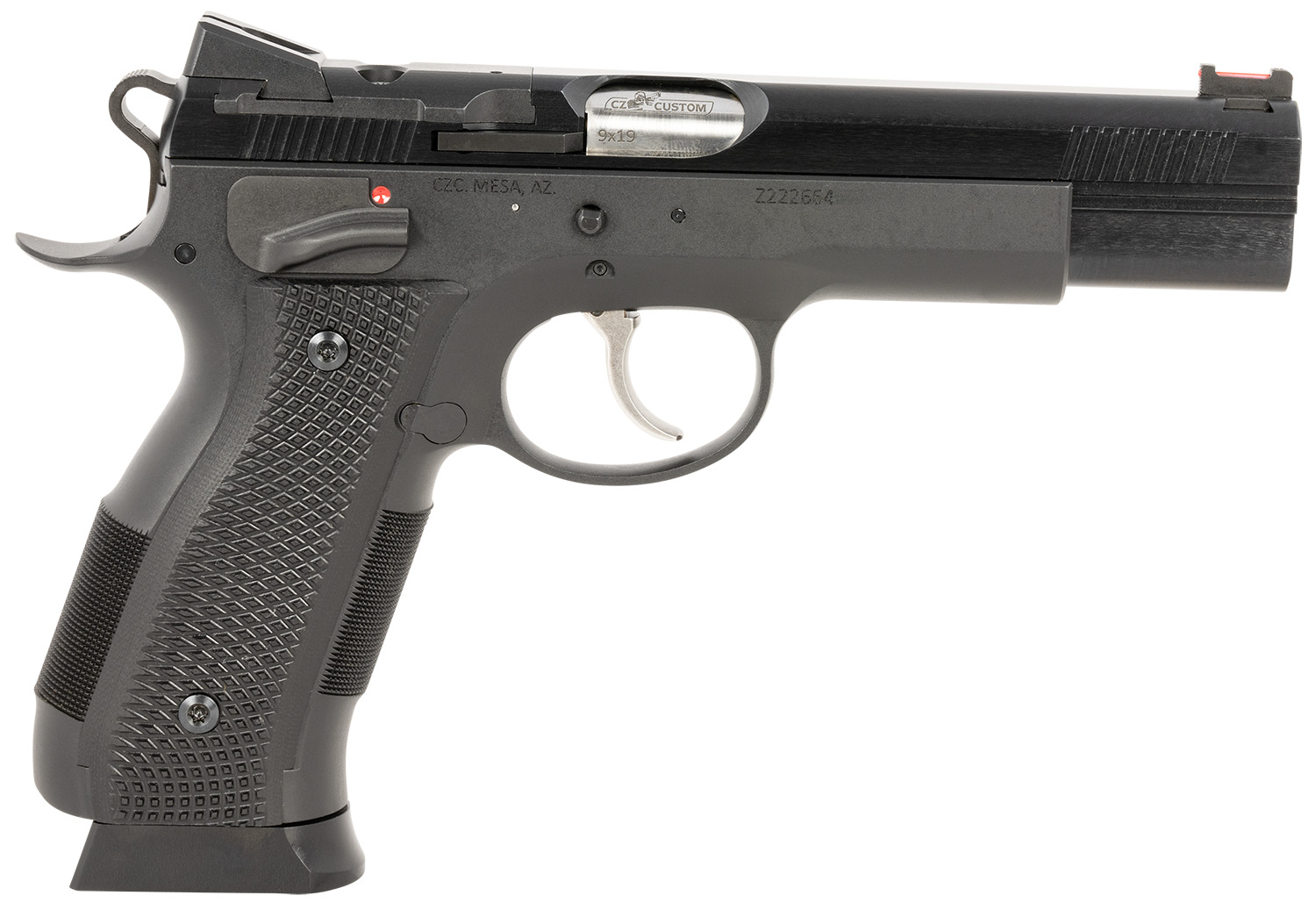 CZ-USA 91732 A01-SD 9mm Luger 19+1 4.93″ Blued Match Grade Bull Barrel, Blued Optic Ready/Serrated Steel Slide, Blued Steel Frame w/Beavertail, Black Checkered Polymer Grip