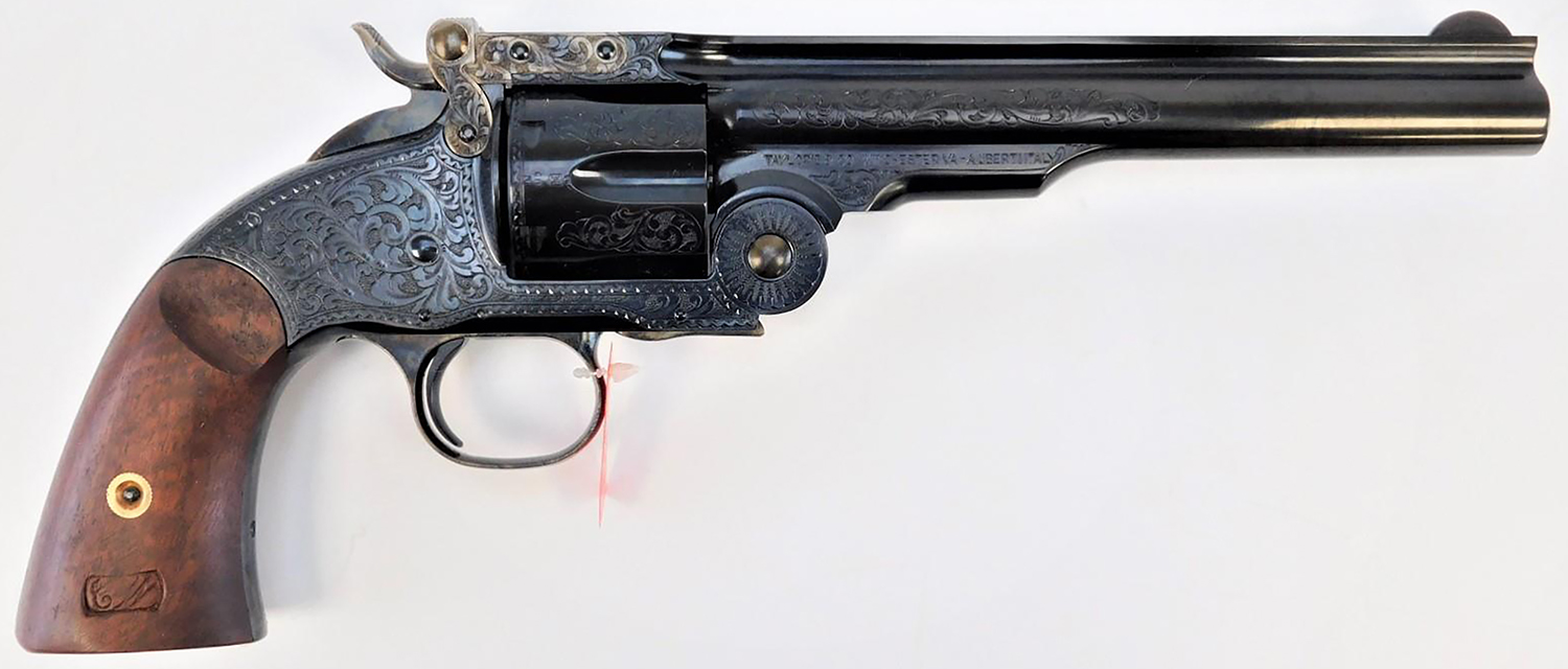 Taylors & Company 550643 Top Break Schofield 45 Colt (LC) Caliber with 7″ Barrel, 6rd Capacity Cylinder, Overall Blued Engraved Finish Steel & Walnut Grip