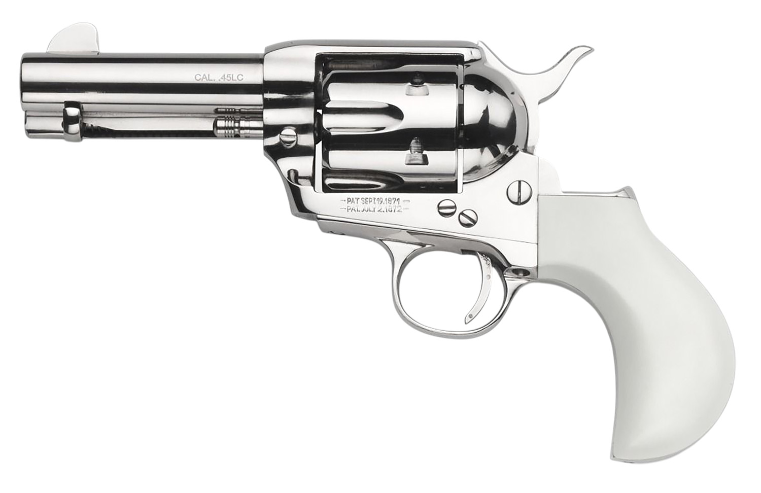Taylors & Company 200111 1873 Flat Top Pietta 9mm Luger 6 Shot 3.50″ Nickel Round Barrel, Cylinder & Steel Frame, PVC White Flat Birdshead Grip, Exposed Hammer