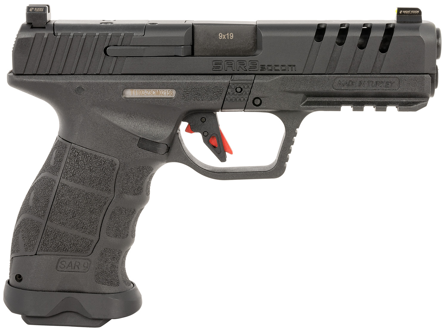 SAR USA SAR9SOCOMBL SAR9 SOCOM 9mm Luger 21+1 5.20″ Black Steel Barrel, Black Steel Optic Ready/Ported/Serrated Slide, Black Polymer Frame w/Picatinny Rail, Interchangeable Backstrap Grip, Right Hand