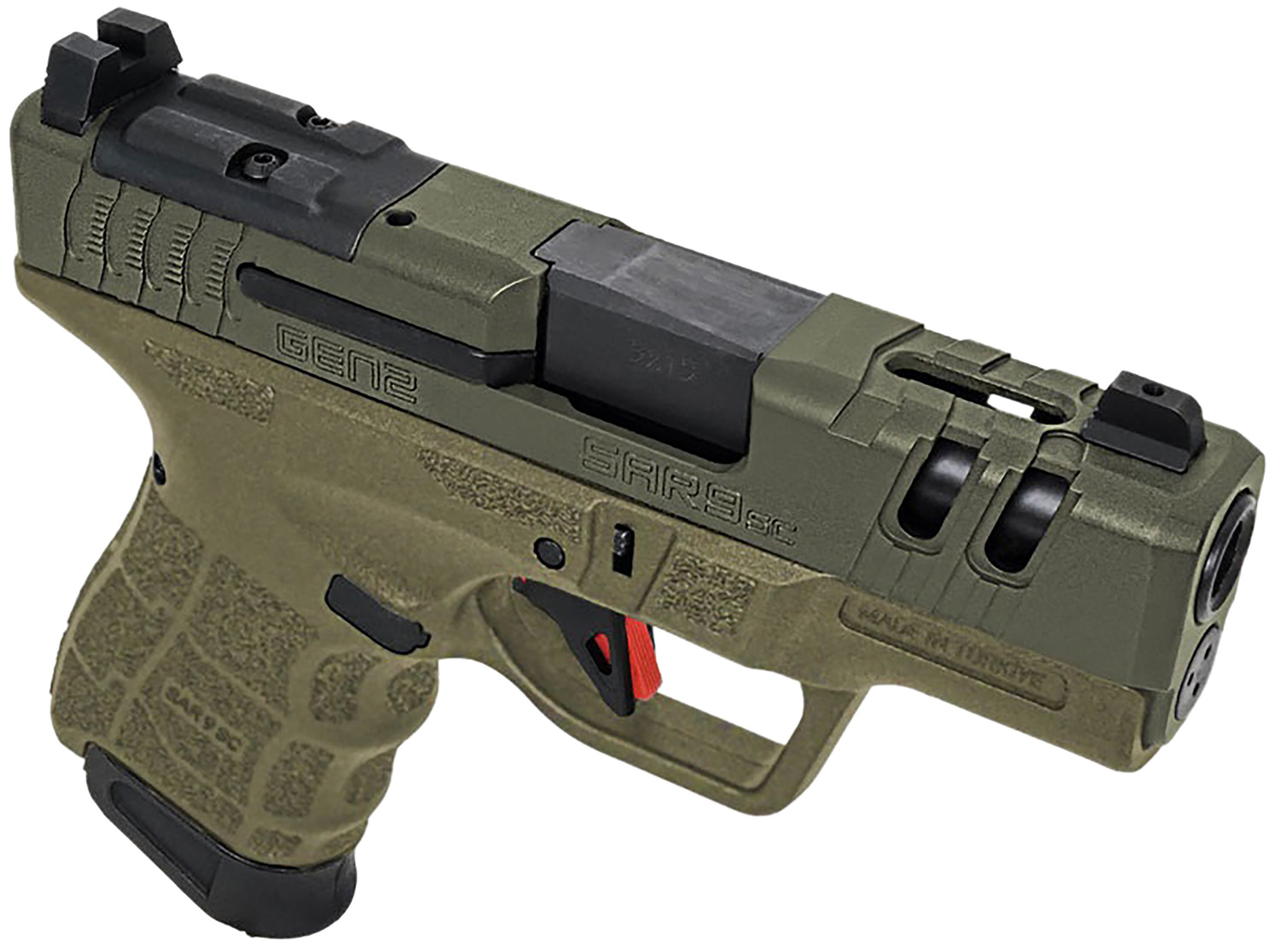SAR USA SAR9SCG2OD SAR9 SC Gen2 Sub-Compact Frame 9mm Luger 15+1 3.30″ Black Steel Barrel, OD Green Cerakote Steel Optic Ready/Ported/Serrated Slide, OD Green Polymer Frame, OD Green Polymer Grip