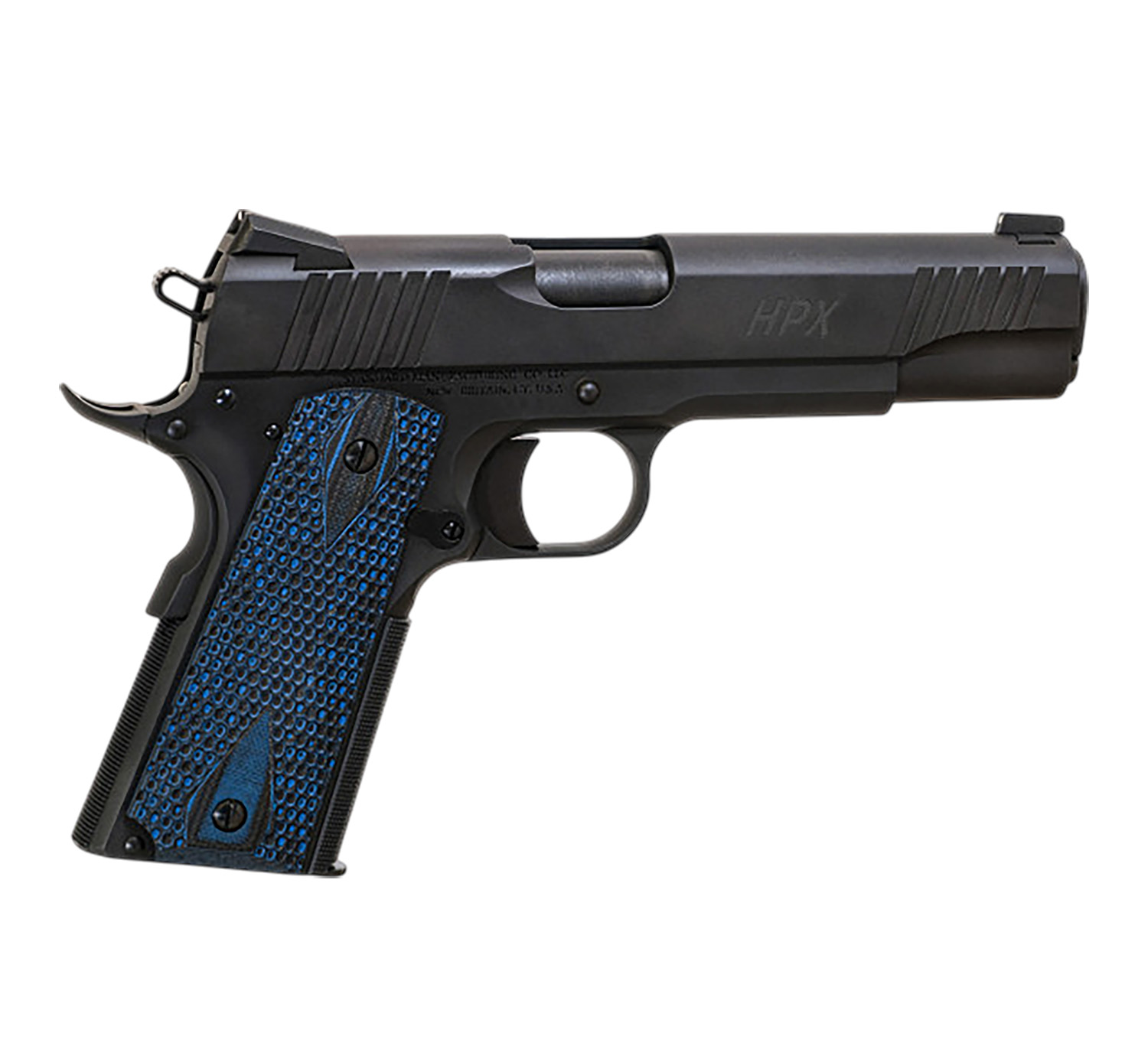 Standard Mfg 1911 HPX Full Size Frame 45 ACP 7+1 5″ Black Match Grade Barrel, Satin Steel Serrated Slide, Black Satin Steel Frame w/Beavertail, Black/Blue Honeycomb Grip