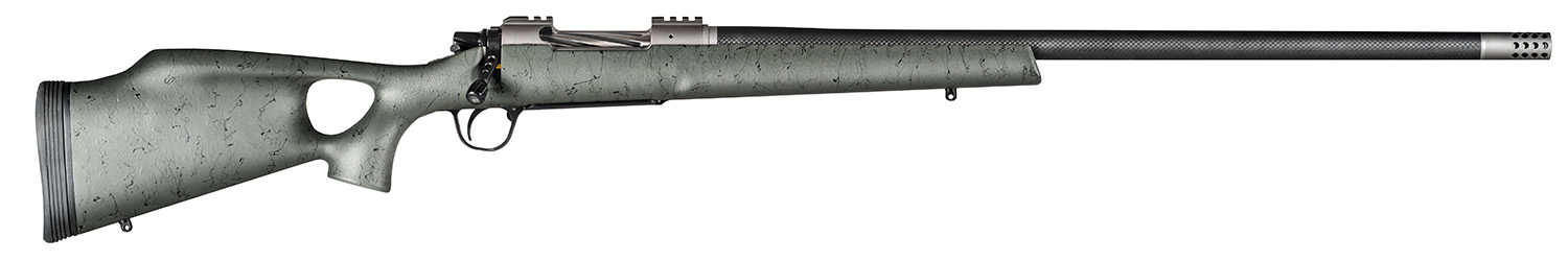Christensen Arms CA10269815322 Summit TI  Full Size 28 Nosler 3+1, 26″ Natural Titanium Steel Threaded Barrel, Natural Titanium Aluminum Receiver, Green w/Black Webbing Fixed Thumbhole Stock