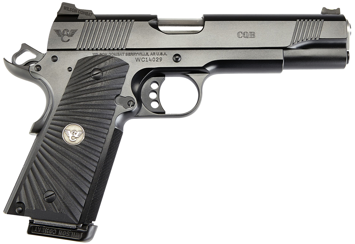 Wilson Combat CQBFS9 1911 CQB Full Size Frame 9mm Luger 10+1 5″ Match Grade Barrel, Black Serrated Carbon Steel Slide, Black Armor-Tuff Carbon Steel Frame w/Beavertail, Black G10 Starburst Grip
