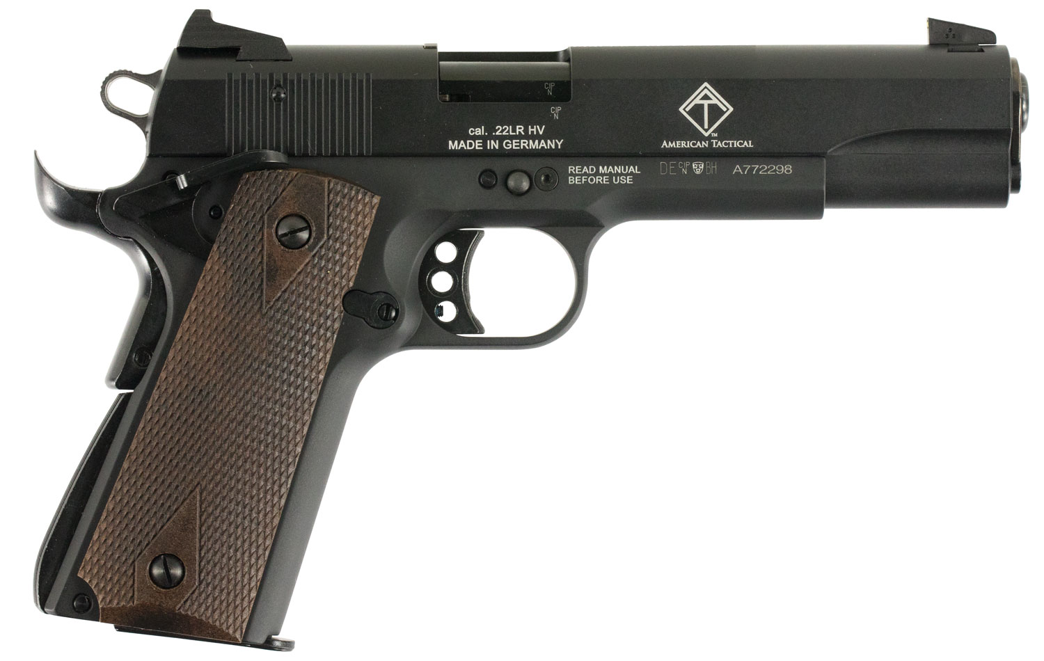 GSG GSG2210M1911 1911 22 LR 10+1 5″ Threaded Barrel, Black Anodized Serrated Slide & Zinc Alloy w/Beavertail Frame, Double Diamond Walnut Grip