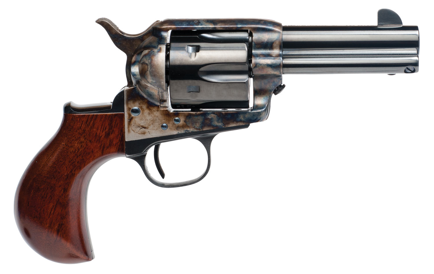 Cimarron CA346 Model P Thunder 45 Colt (Long Colt) 6 Shot 3.50″ Blued Stainless Steel Barrel, Blued Cylinder, Color Case Hardened Steel Frame, Birdshead Walnut Grip, Exposed Hammer
