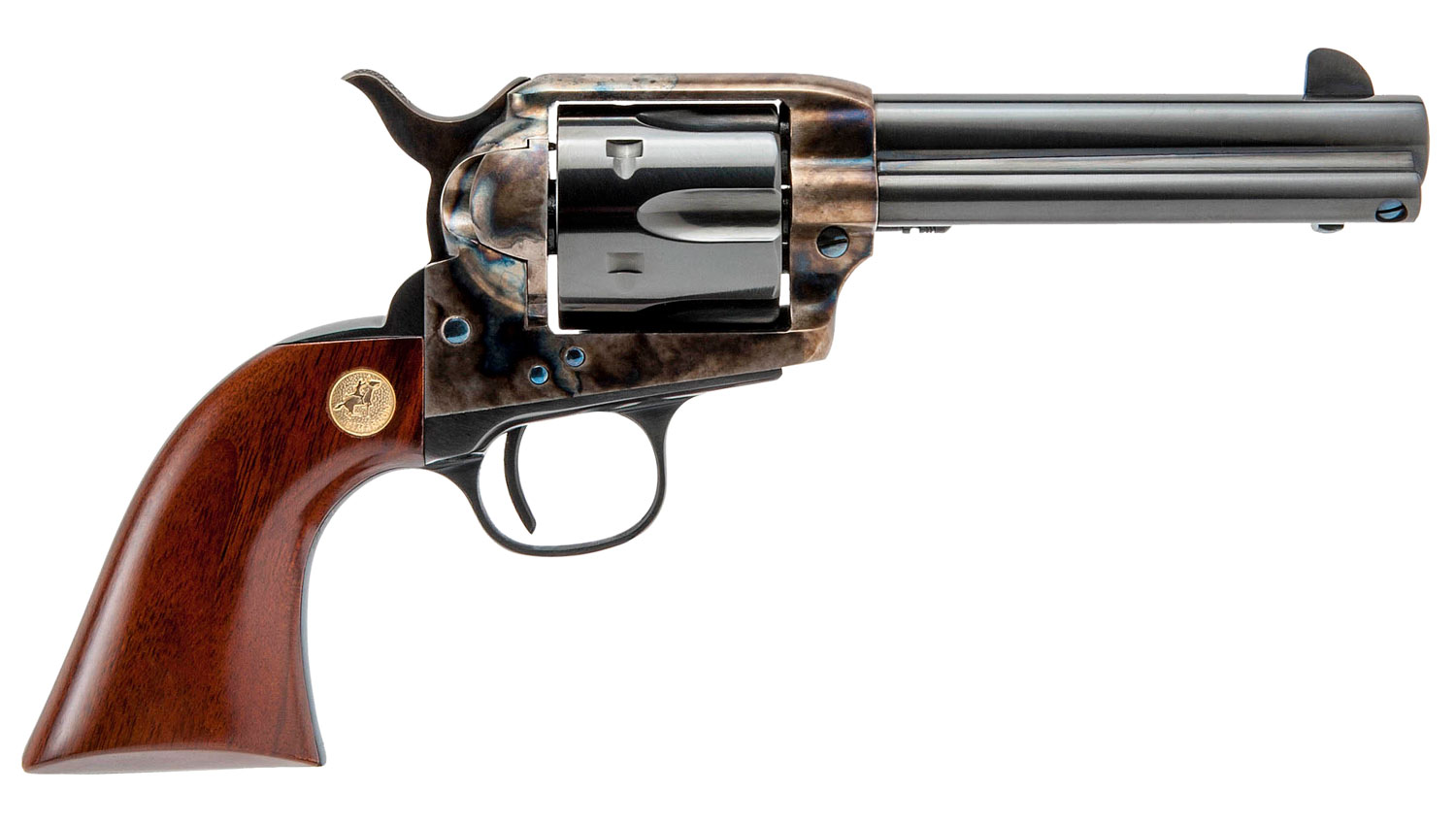 Cimarron MP410 Model P 45 Colt (Long Colt) 6 Shot 4.75″ Blued Stainless Steel Barrel, Blued Cylinder, Color Case Hardened Steel Frame, Walnut Grip, Exposed Hammer