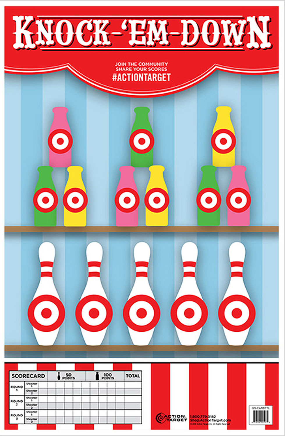Action Target GSCARBTTL100 Entertainment Knock-‘Em-Down Bottles/Pins Paper Hanging 23″ x 35″ Multi-Color 100 Per Box