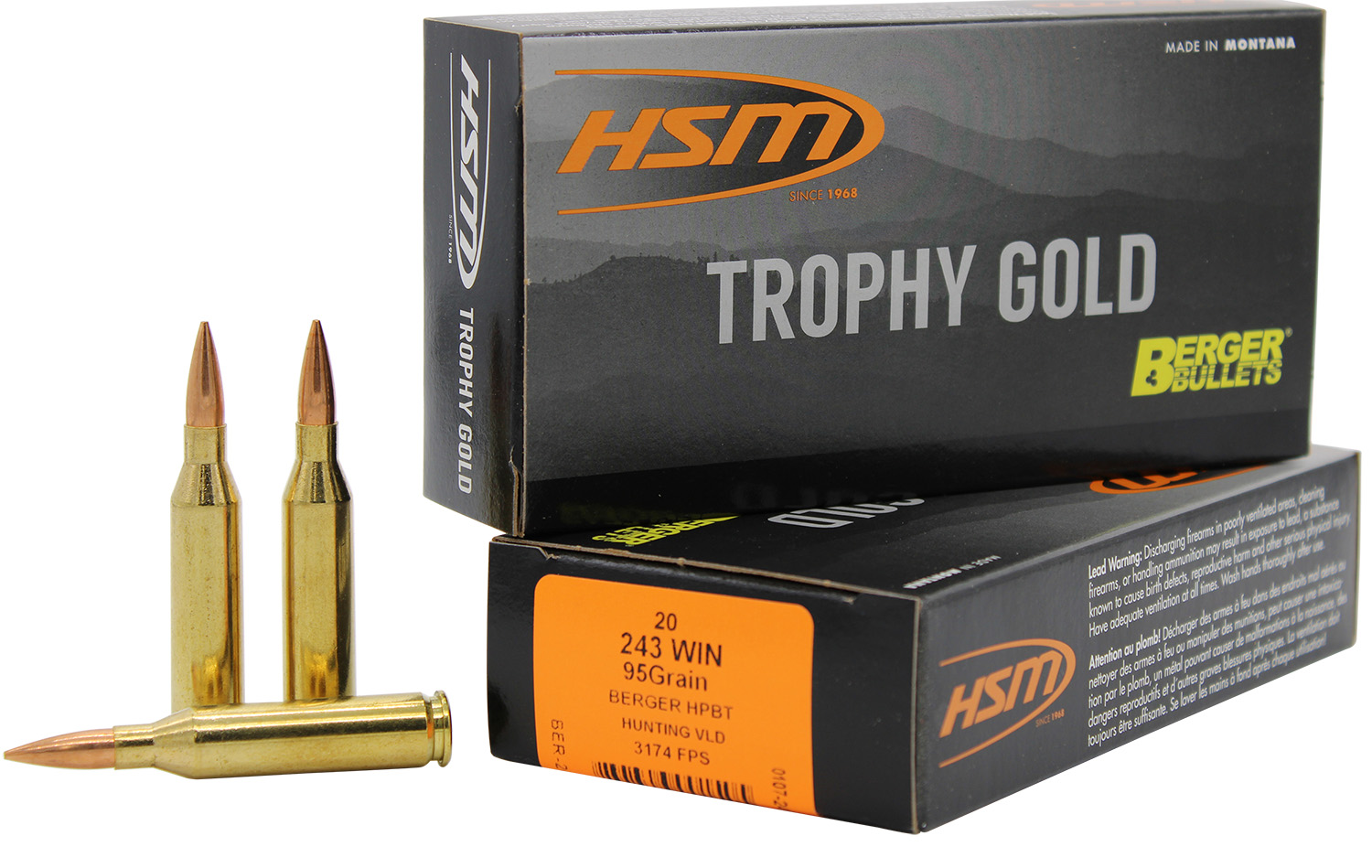 HSM 24395VLD Trophy Gold Extended Range 243 Win 95 gr Berger Hunting VLD Match 20 Per Box/ 25 Case