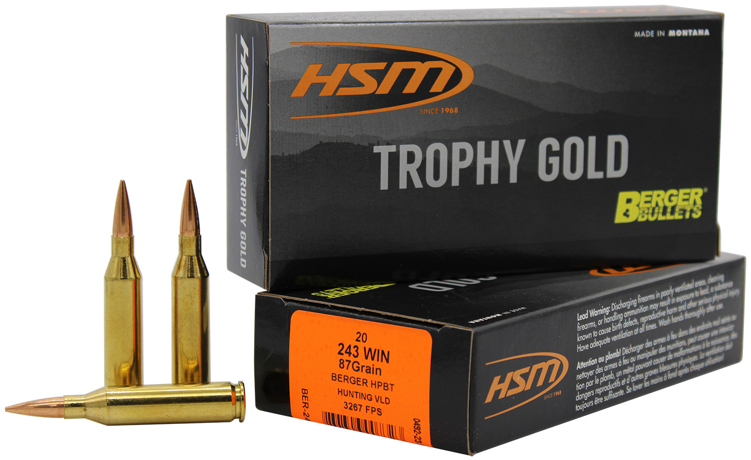 HSM 24387VLD Trophy Gold Extended Range 243 Win 87 gr Berger Hybrid Tactical Open Tip Match 20 Per Box/ 25 Case