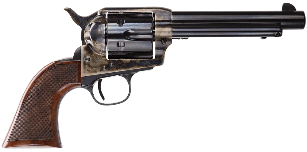 Taylors & Company 550811DE Smoke Wagon Uberti 357 Mag 6 Shot 5.50″ Blued Round Barrel & Cylinder, Color Case Hardened Steel Frame, Checkered Walnut Navy Grip, Exposed Hammer