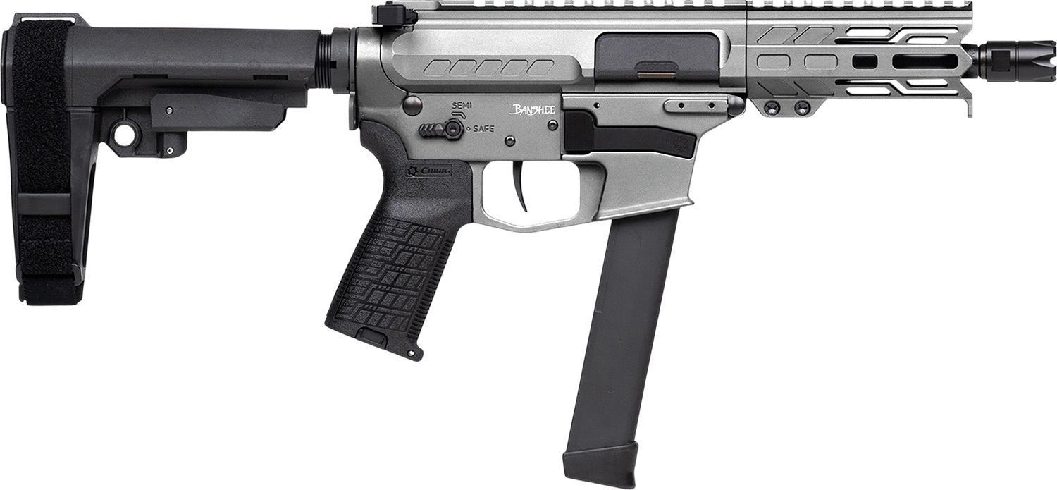 CMMG 99A290FTNG Banshee FE MkGs 9mm Luger 33+1 5″ Black Nitride Threaded Barrel, M-LOK Handguard, Tungsten Cerakote Aluminum Receiver w/Picatinny Rail, Black Polymer CMMG RipBrace, CMMG Zeroed Grip