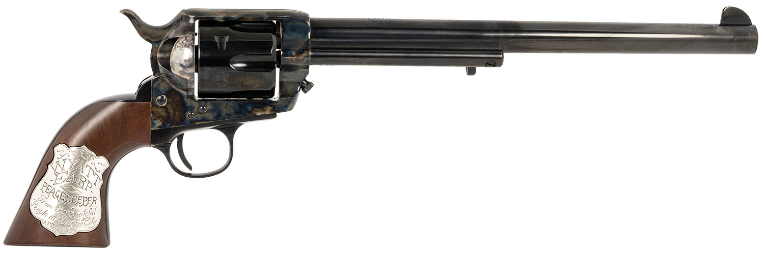 Cimarron PP558 Buntline 45 LC (Long Colt) 6 Shot 10″ Blued Frame, Barrel & Cylinder, Walnut w/Inlaid Silver Medallion Grip