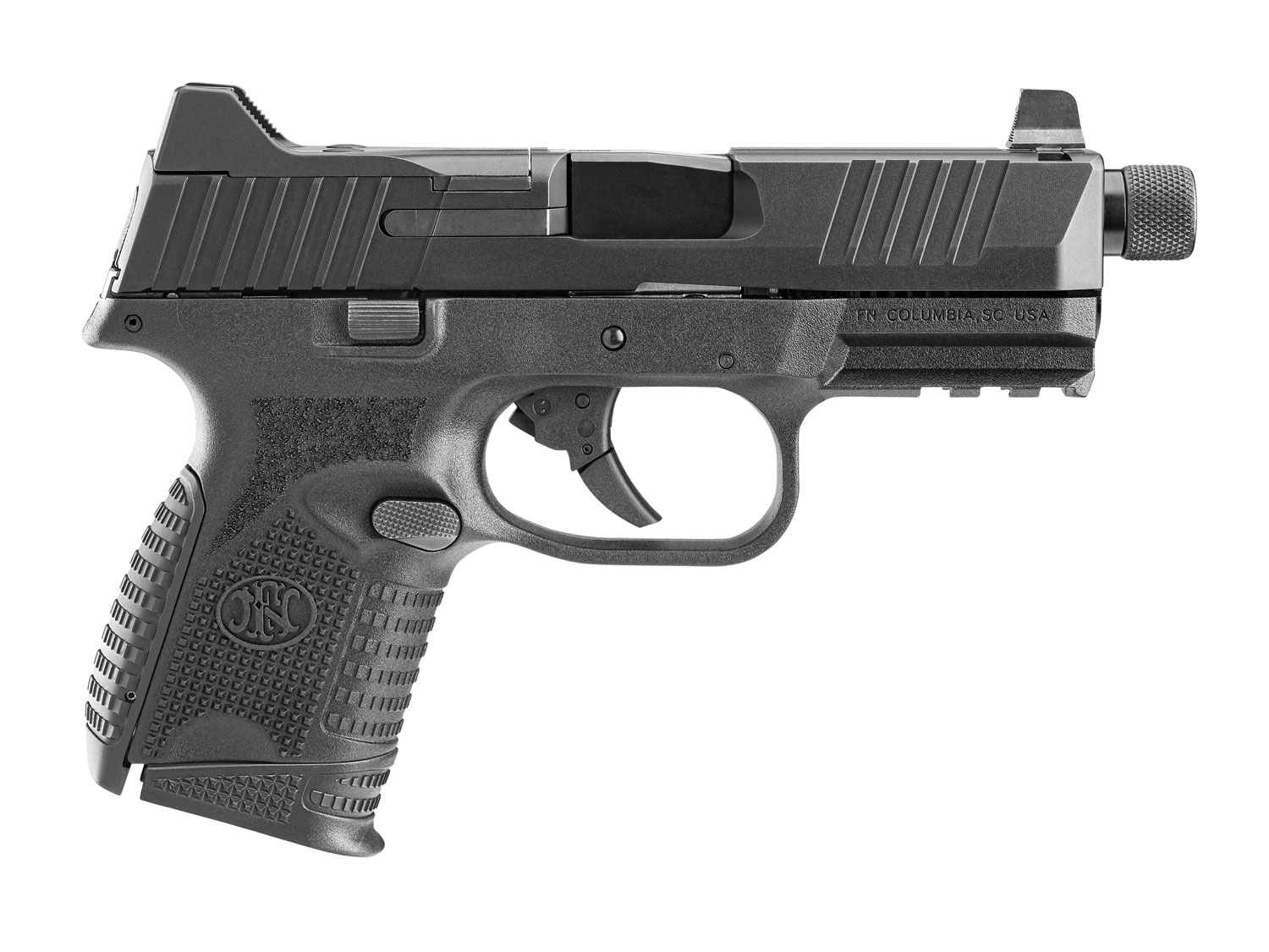 FN 66100782 509CT w/Optic Compact 9mm Luger 12+1/24+1, 4.32″ Black Steel Threaded Barrel, Black PVD Optic Cut/Serrated Stainless Steel Slide, Black Polymer Frame w/Picatinny Rail