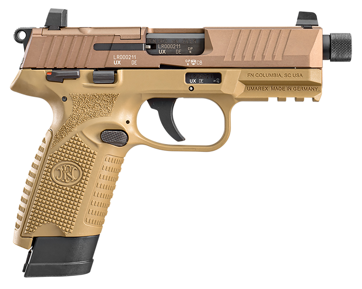 FN 66101009 502 Tactical 22 LR 10+1 4.60″ Black Steel Threaded Barrel, Flat Dark Earth Optic Ready/Serrated Slide & Polymer Frame w/Picatinny Rail, FDE Textured Polymer Grip, Ambidextrous