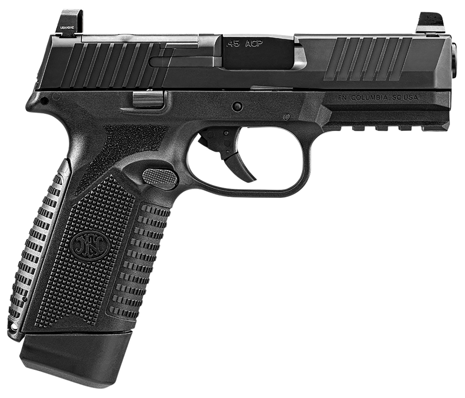 FN 66101387 545 MRD Full Size Frame 45 ACP 15+1, 4.10″ Black Target Crown Steel Barrel, Black PVD Optic Cut/Serrated Steel Slide & Polymer Frame w/Picatinny Rail, Ambidextrous