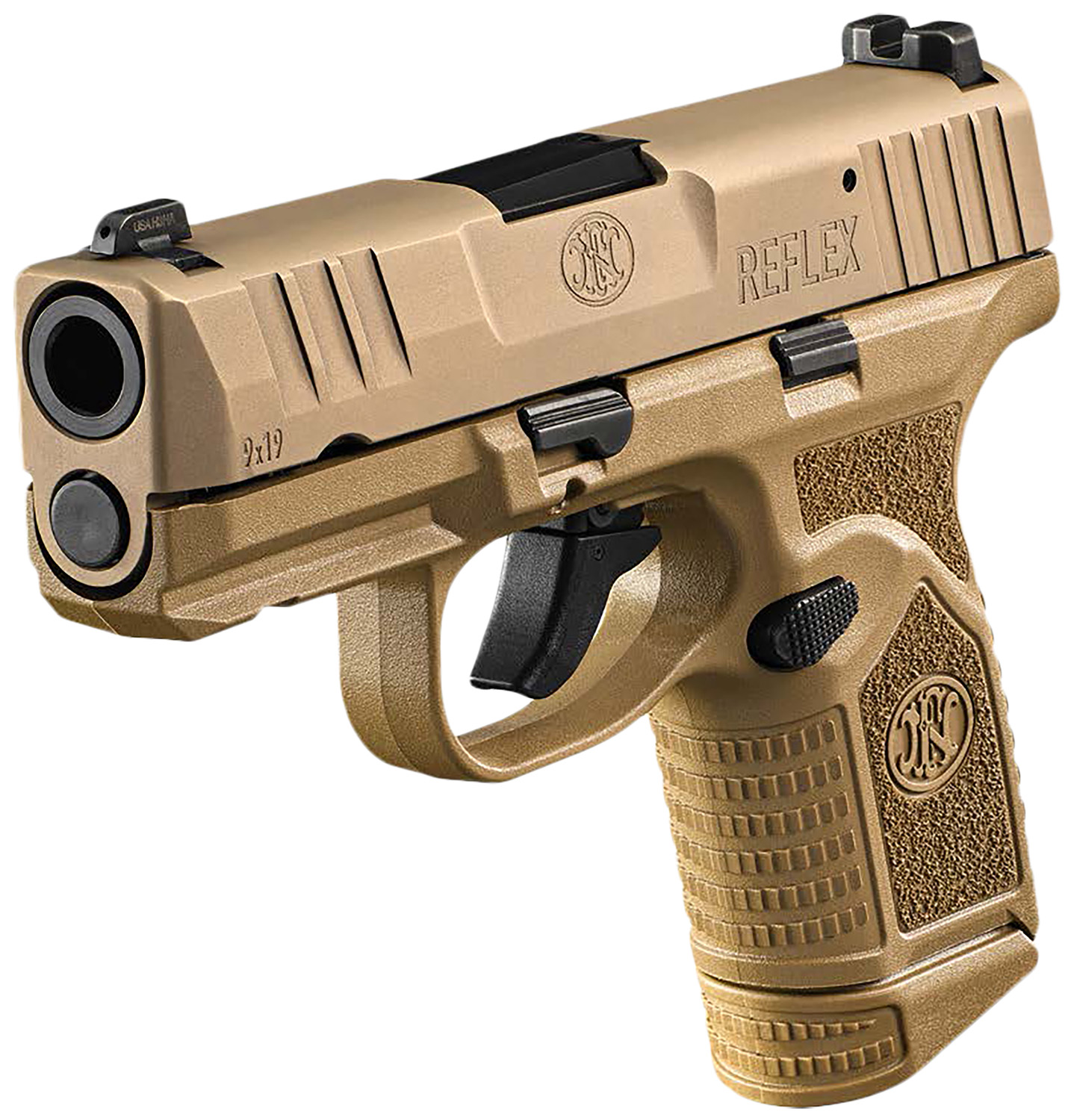 FN 66101417 Reflex  9mm Luger 15+1 11+1 3.30″ Micro-Compact Frame Flat Dark Earth PVD Serrated Steel Slide w/Picatinny Rail Stippled Grip Ambidextrous