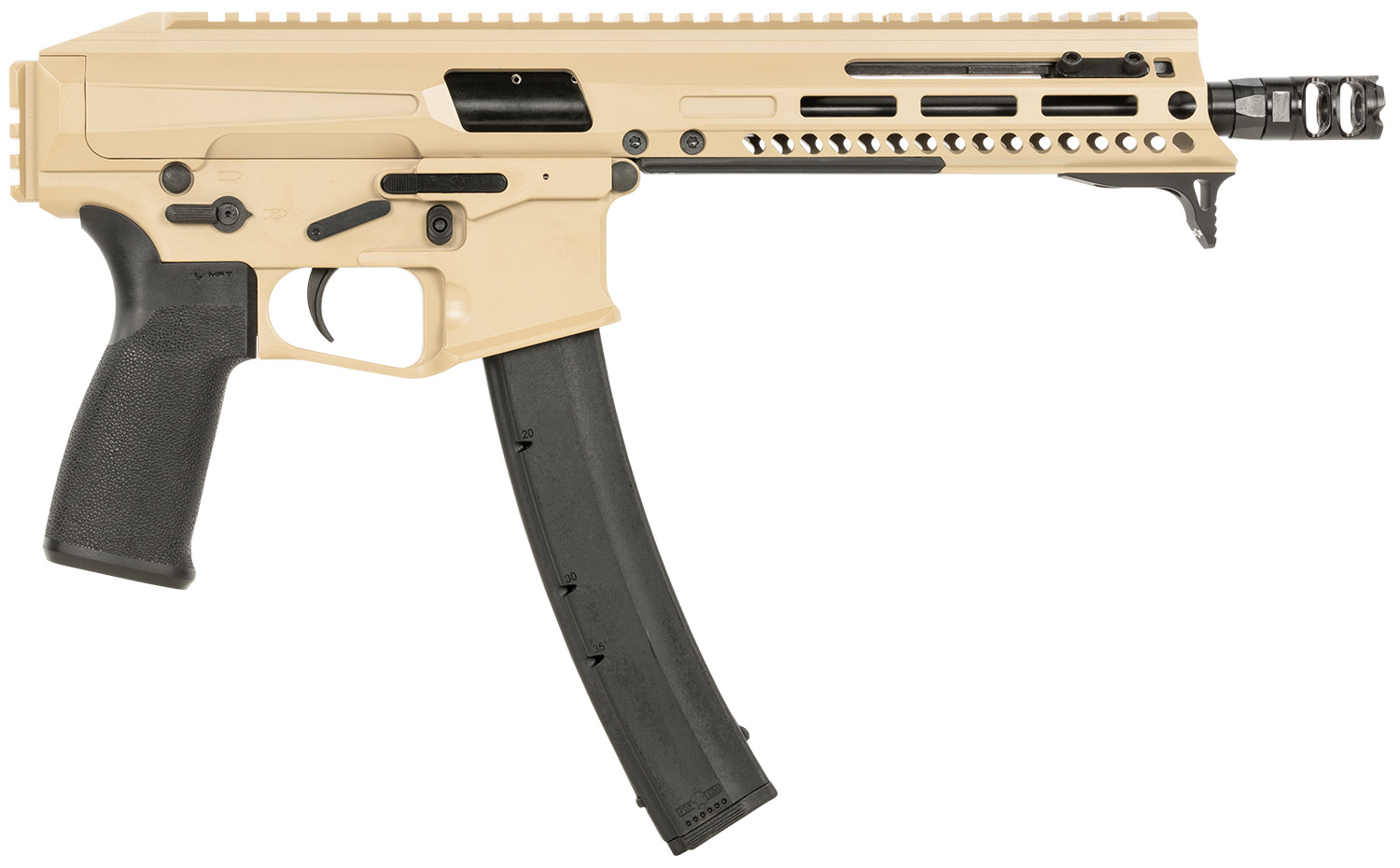Patriot Ordnance Factory 01926 Phoenix 9mm Luger 35+1 8″, Flat Dark Earth Rec/M-LOK Handgaurd, Black MFT Grip, Picatinny Stock Adapter, Muzzle Brake, Includes Hand Stop