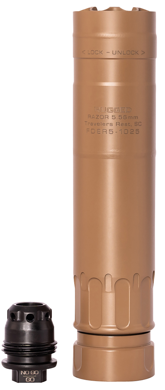 Rugged Suppressors RZRFDE556 Razor 556  22 Cal (5.56mm), 6.40″ L FDE Stainless Steel, Includes 1/2″-28 M2 QD Brake