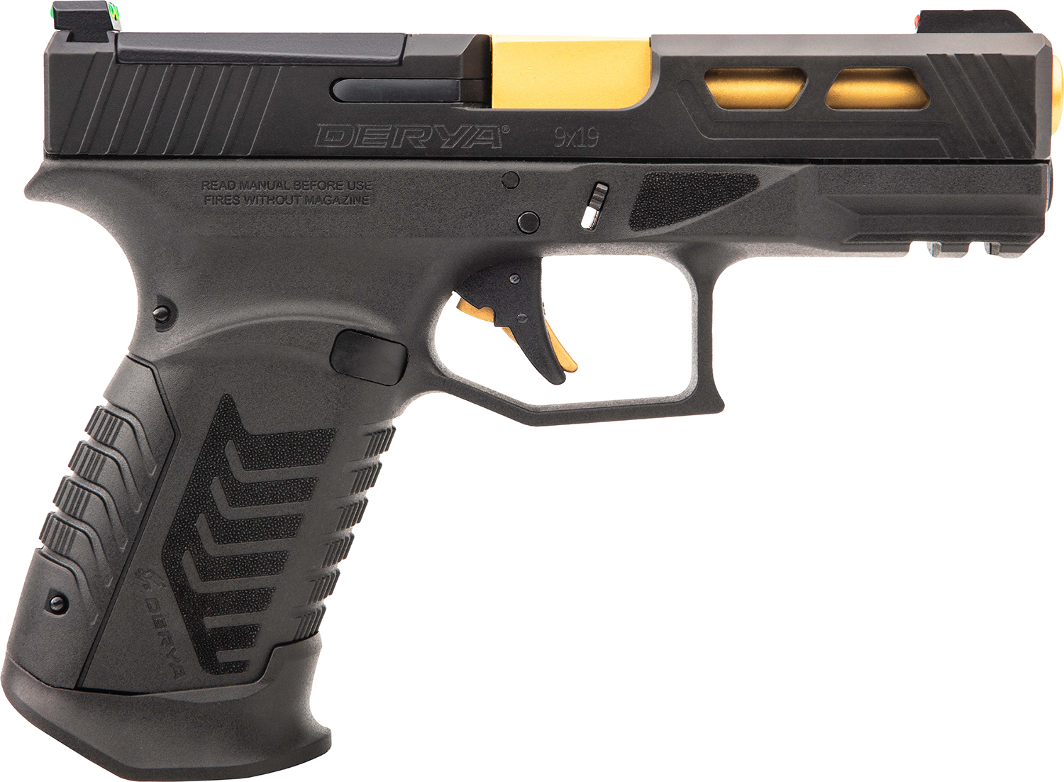 Derya Firearms DY9GUS DY9 9mm Luger 15+1 4.02″ Gold TiN Steel Barrel, Black Nitride Optics Ready/Serrated Alloy Steel Slide, Black Polymer Frame w/Accessory Rail, Black Interchangeable Backstrap Grip