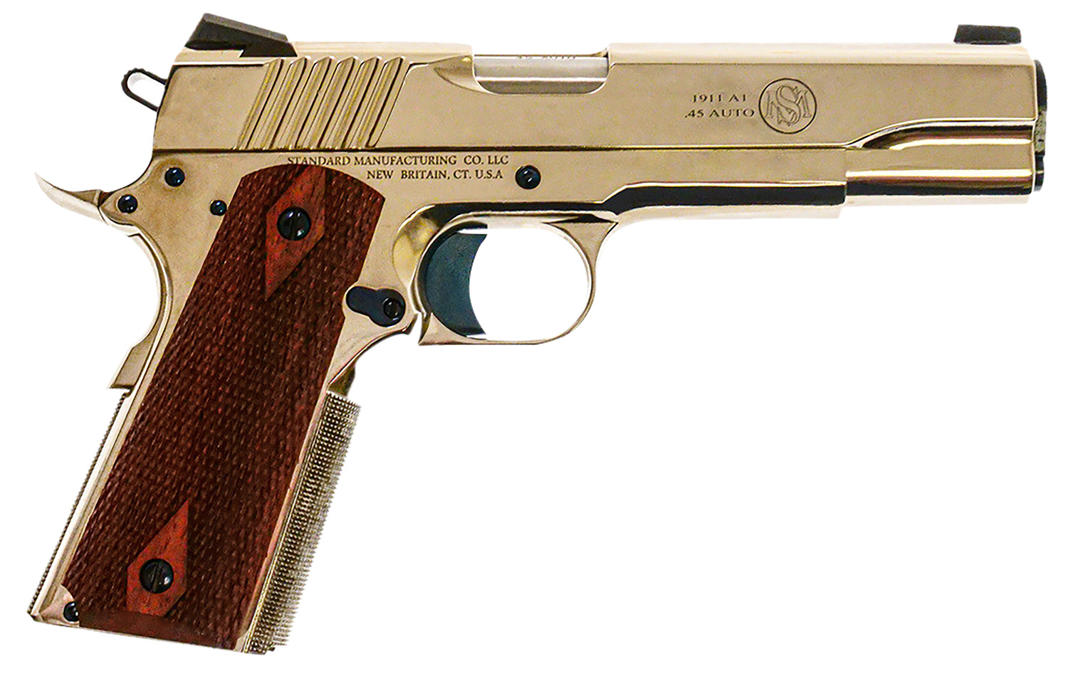 Standard Mfg 1911 Standard Full Size Frame 45 ACP 7+1 5″ Stainless Match Grade Barrel, Nickel Steel Serrated Slide, Nickel Steel Frame w/Beavertail, Walnut Double Diamond Grip