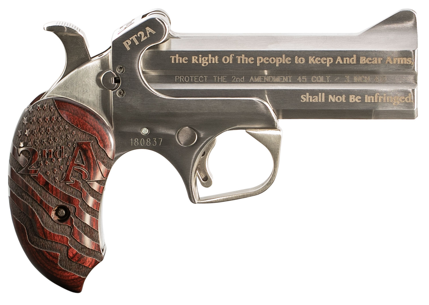 Bond Arms PT2A Protect the 2nd Amendment Derringer Single 45 Colt (LC)/410 Gauge 2rd 4.25″ Engraved Barrel, Stainless Steel Finish, Blade Front/Fixed Rear Sights, Extended Engraved Rosewood Grip, Man