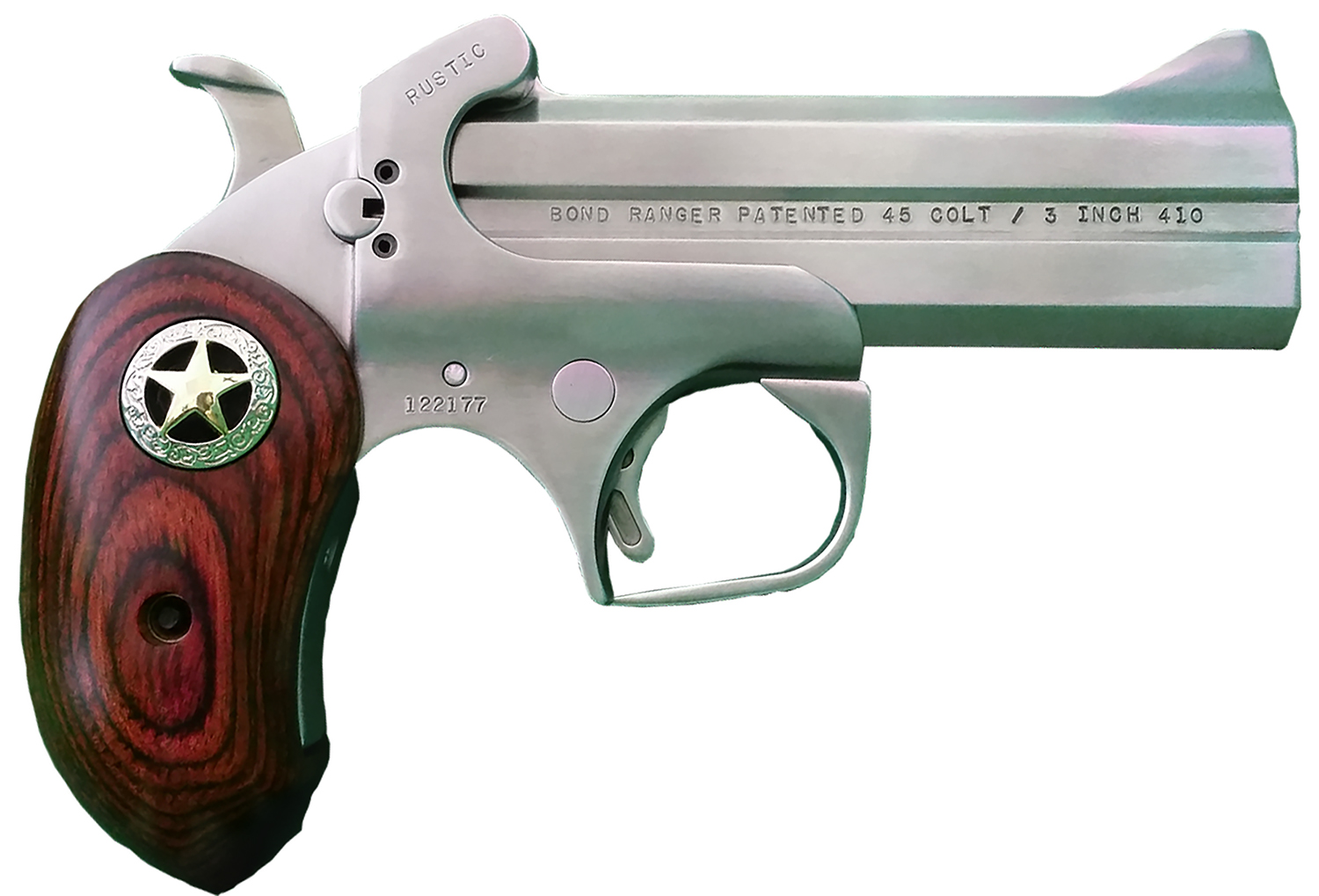Bond Arms BARR Rustic Ranger 45 Colt (LC) 410 Gauge 2rd Shot 4.25″ Matte Stainless Stainless Stainless Steel Frame Rosewood w/Integrated Star Grips