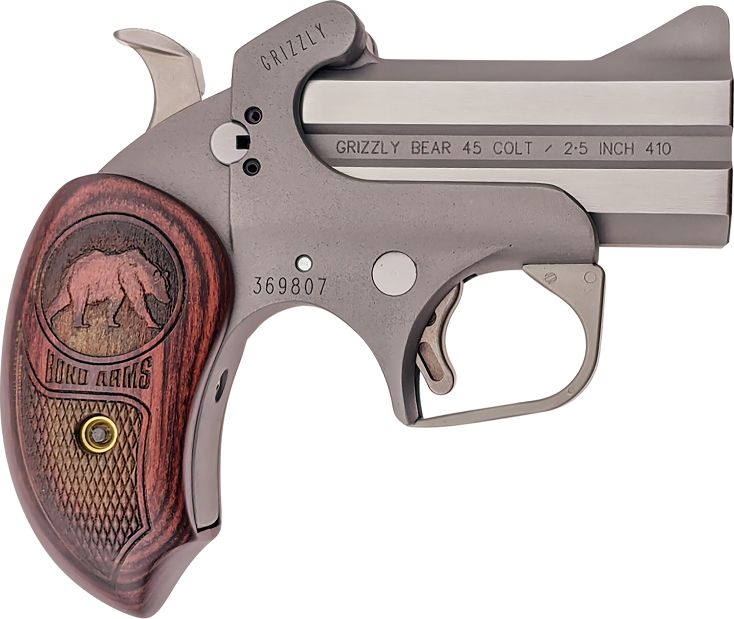 Bond Arms BAGR Grizzly 45 Colt (LC)/410 Gauge 2rd 3″ Stainless Steel Double Barrel & Frame, Rebounding Hammer, Blade Front/Fixed Rear Sights, Rosewood Grips, Manual Safety
