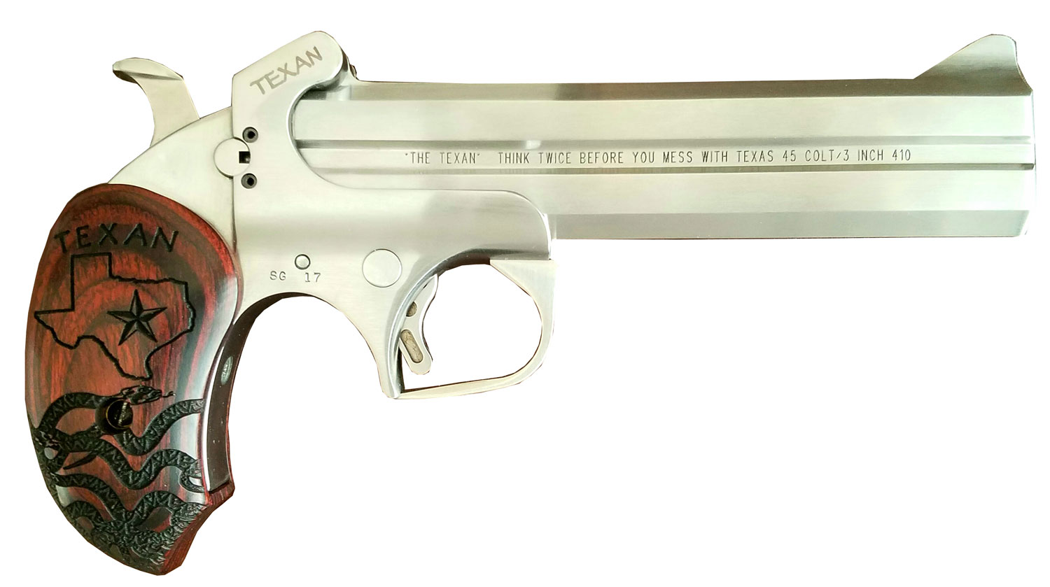 Bond Arms BATX Texan  Derringer Single 45 Colt (LC)/410 Gauge 2rd, 6″ Stainless Steel Double Barrel & Frame, Blade Front/Fixed Rear Sights, Custom Engraved Rosewood Grip, Manual Safety