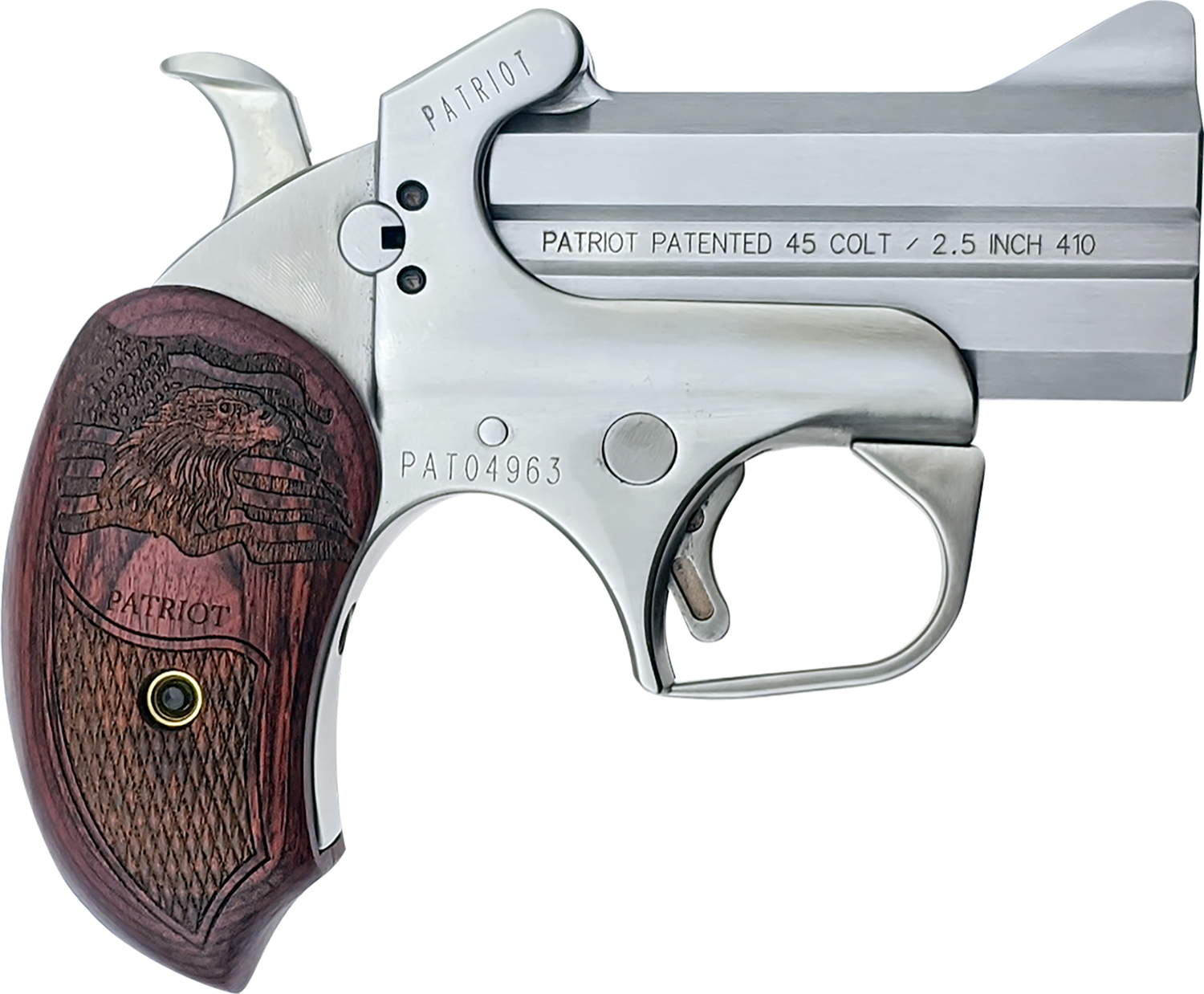 Bond Arms BAPA Patriot 45 Colt (LC)/410 Gauge 2rd 3″ Stainless Steel Double Barrel & Frame w/Trigger Guard, Auto Extractors & Rebounding Hammer, Laser Engraved American Flag & Bald Eagle Rosewood Gri