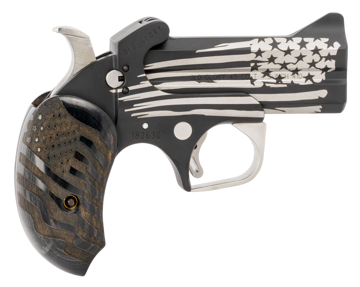 Bond Arms BAOG Old Glory 45 Colt (LC)/410 Gauge 2rd 3.50″ Stainless Double Barrel & Frame w/Cerakote Laser Engraved American Flag, Auto Extractor & Rebounding Hammer, Engraved Extended Black Ash Grip