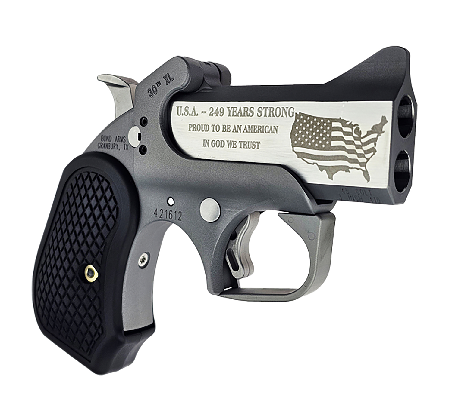 Bond Arms BA30THXL-45LC/410 30th Anniversary XL 45 Colt (Long Colt)/410 Gauge 2 Shot 3″ Engraved Matte Stainless Steel Barrel & Rough Matte Stainless Steel Frame, Black Extended B6 Resin Grips