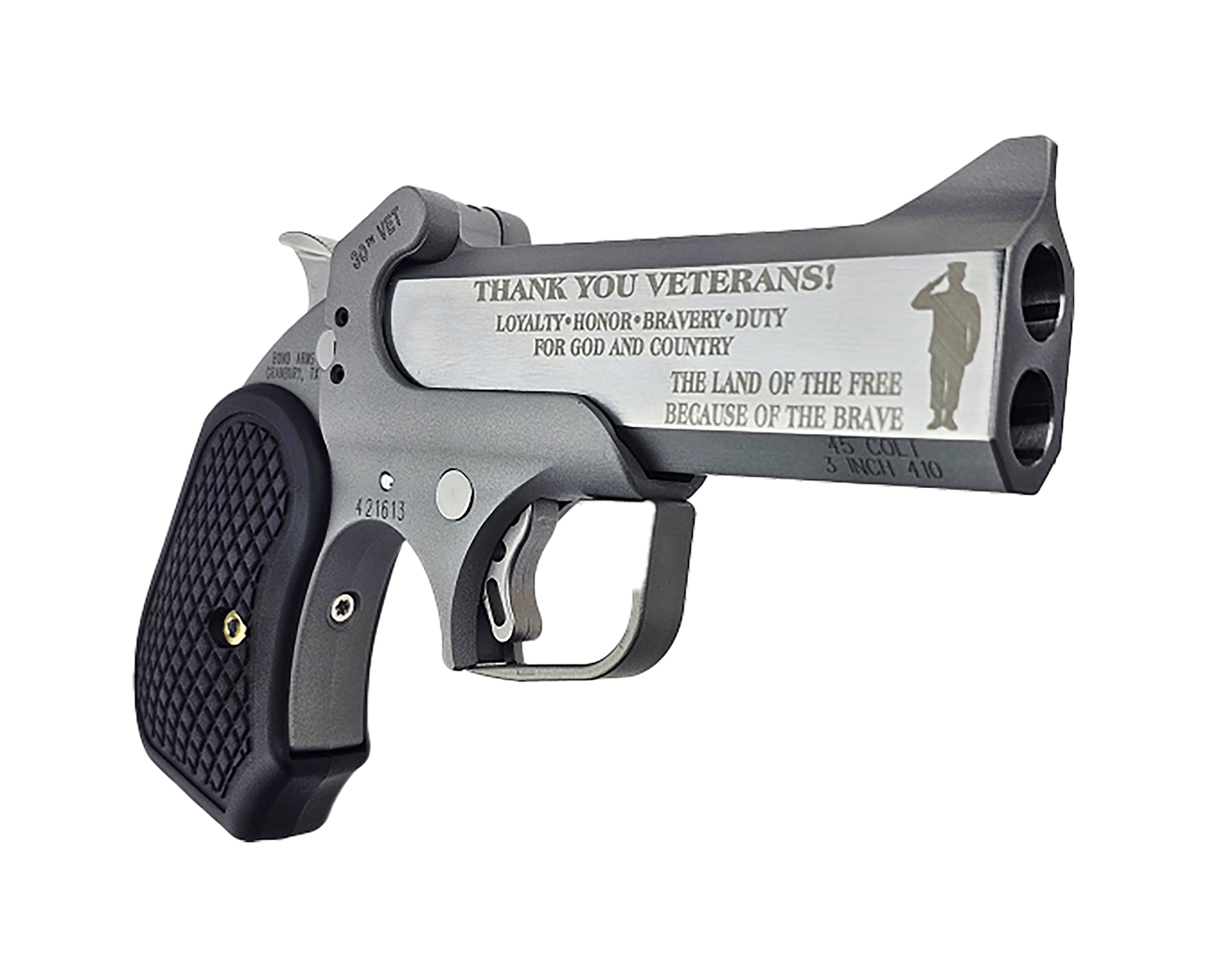 Bond Arms BA30THVET-45LC/410 30th Vet 45 Colt (Long Colt)/410 Gauge 2 Shot 4.25″ Engraved Rough Matte Stainless Steel Barrel & Frame, Black Rubber Grip
