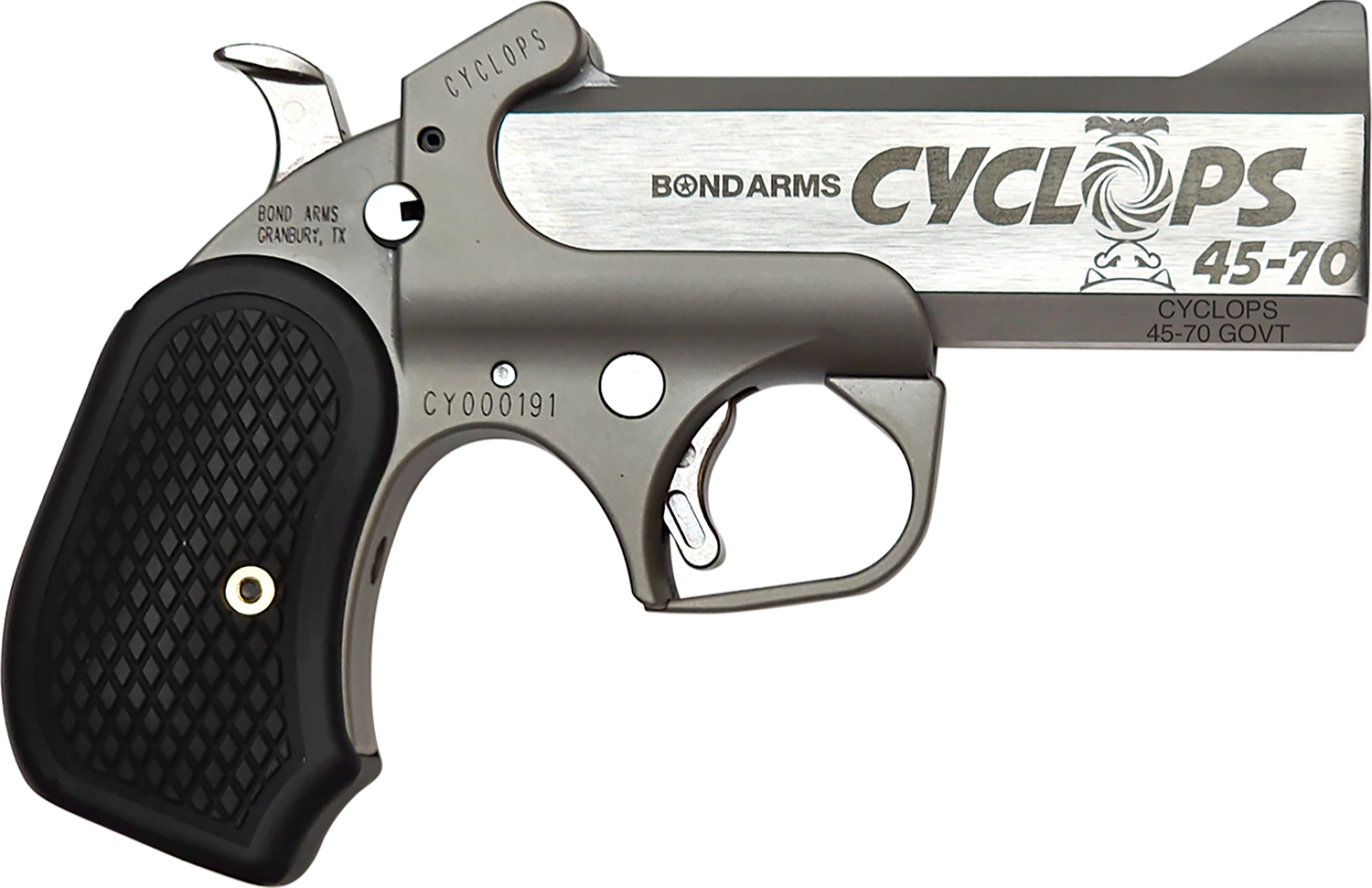 Bond Arms BACY Cyclops 45-70 Gov 1rd Shot 4.25″ Stainless Stainless Steel Barrel Matte Stainless Black Extended B6 Resin Grips