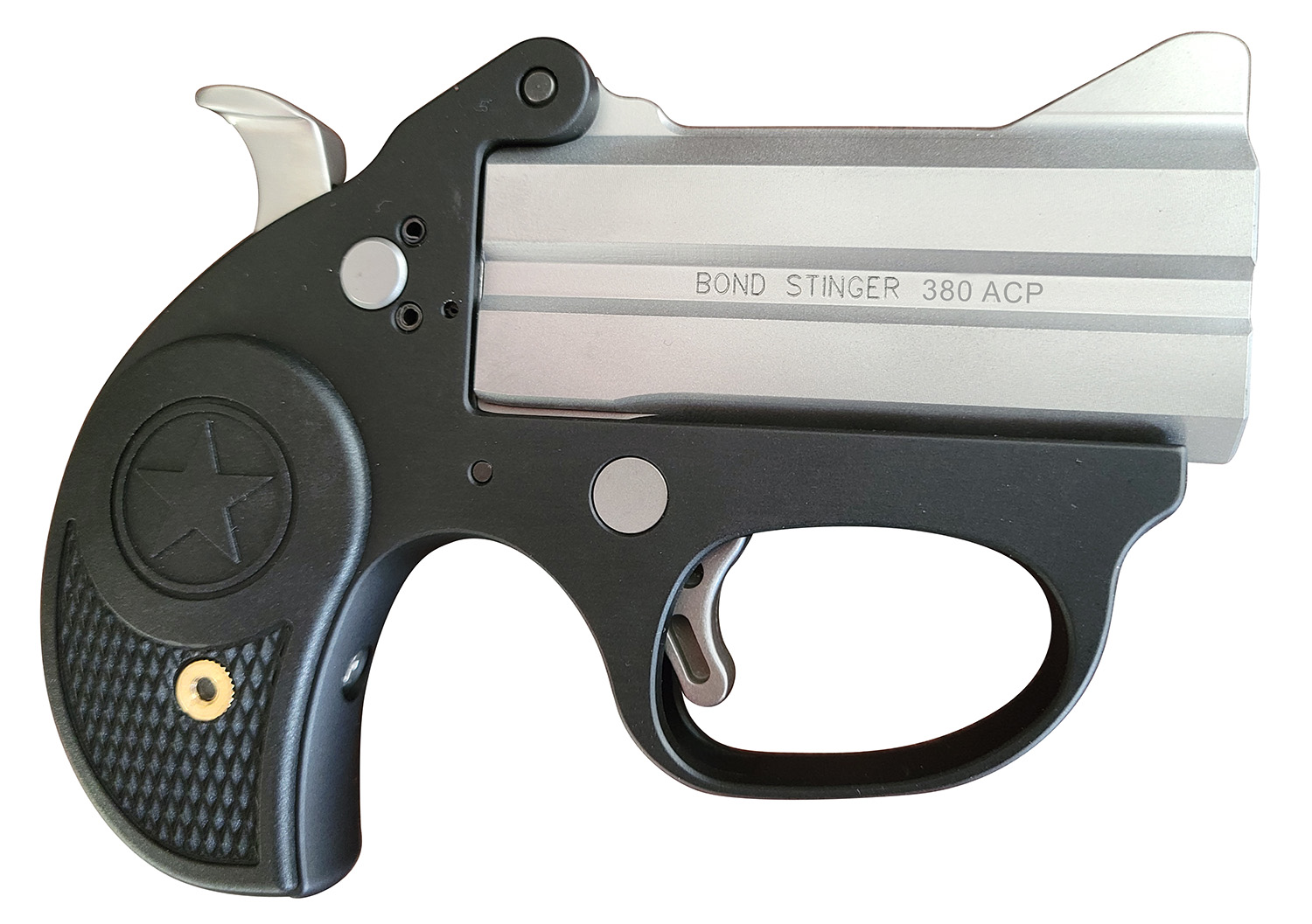 Bond Arms BASL Stinger 380 ACP 2rd 3″ Matte Stainless Steel Barrel, Anodized 7075-T6 Aluminum Frame, Rebounding Hammer, Blade Front/Fixed Rear Sights, Rubber Grip, Manual Safety