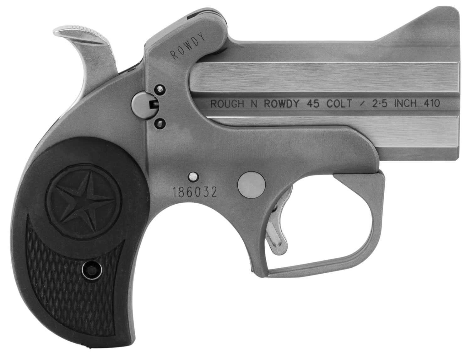 Bond Arms BARW Rowdy 45 Colt (LC)/410 Gauge 2rd 3″ Polished Stainless Steel Double Barrel & Bead Blasted Frame, Auto Extractor & Rebounding Hammer, Blade Front/Fixed Rear Sights, Rubber Grip, Manual