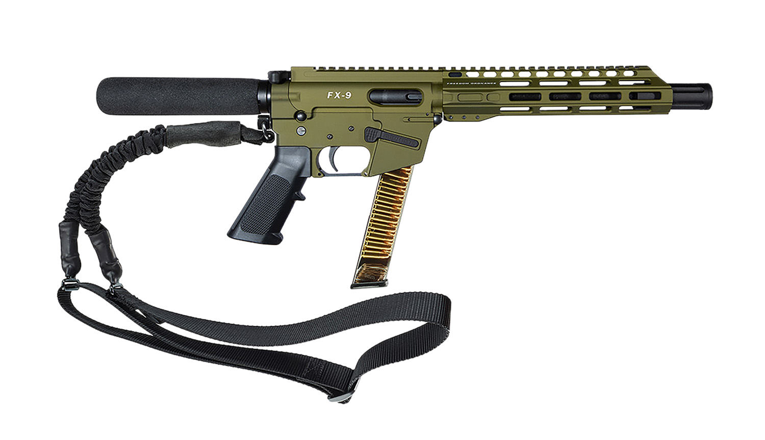 FREEDOM ORDNANCE FX9P10T-ODG FX9 9mm Luger 31+1 10″ Black Nitride Stainless Steel Barrel, M-LOK Handguard, Black Anodized Aluminum Picatinny Rail Receiver, OD Green Pistol Tube, AR15 Grip, Right Hand