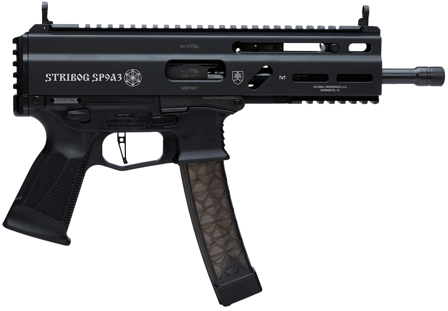 Grand Power 8588005808538 SP9A3 Stribog 9mm Luger 30+1 8″ Black Threaded Barrel, M-LOK Handguard, Black Aluminum Picatinny Rail Receiver, Rear Picatinny Rail, Black Polymer Grips