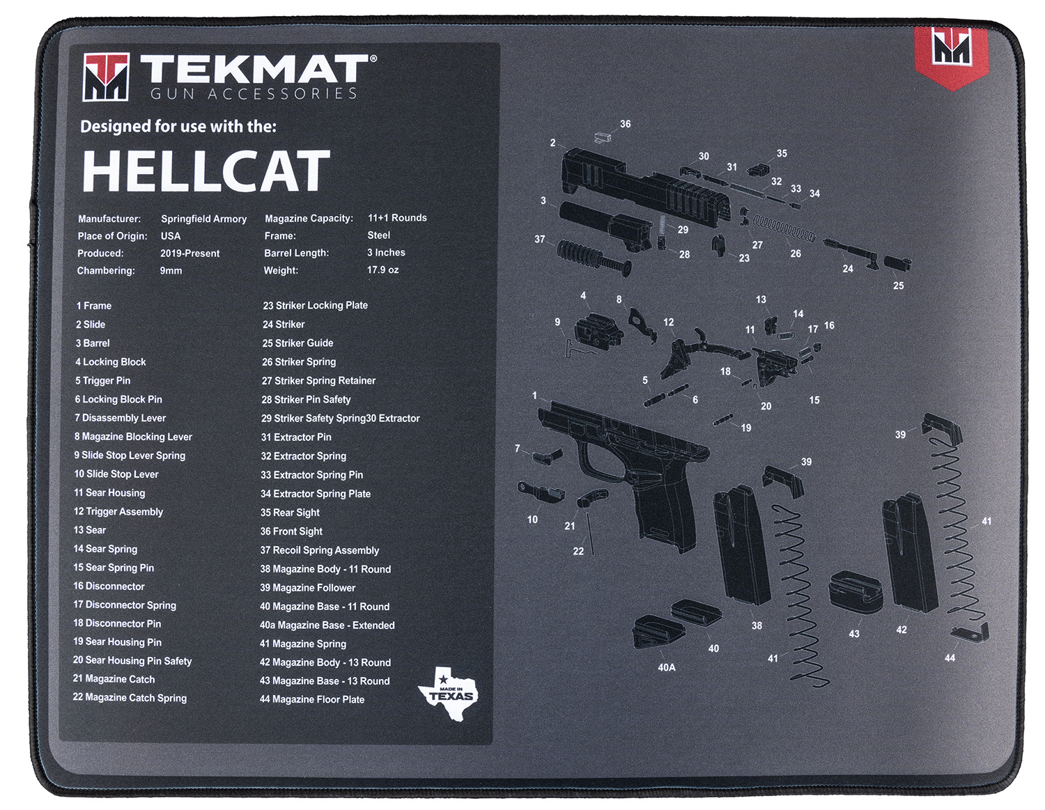 TekMat TEKR20HELLCAT Ultra 20 Cleaning Mat Black/Gray Rubber 15″x20″ Springfield Hellcat Parts Diagram