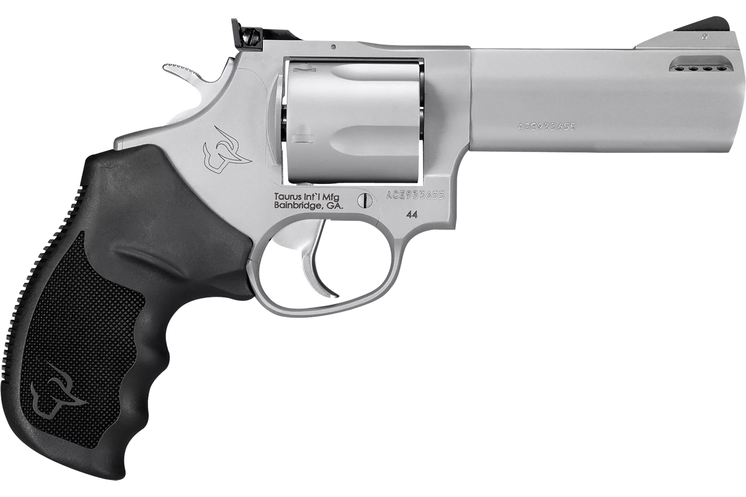 Taurus 2-440049TKR Tracker 44 Medium 44 Rem Mag 5 Shot 4″ Matte Stainless Steel Ported Barrel, Cylinder & Frame, Black Ribber Grip, Transfer Bar Safety, Exposed Hammer