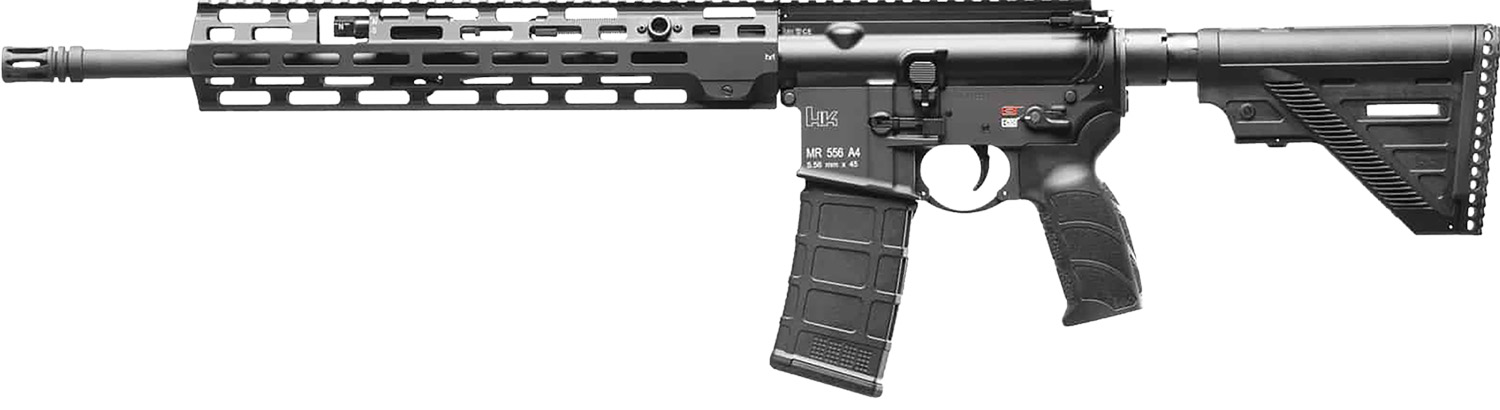 HK 81000827 MR556 A4 5.56x45mm 30+1 16.50″ Black Threaded Barrel, Black Picatinny Rail, M-LOK Handguard, 6 Position Black Synthetic Stock, Ambidextrous